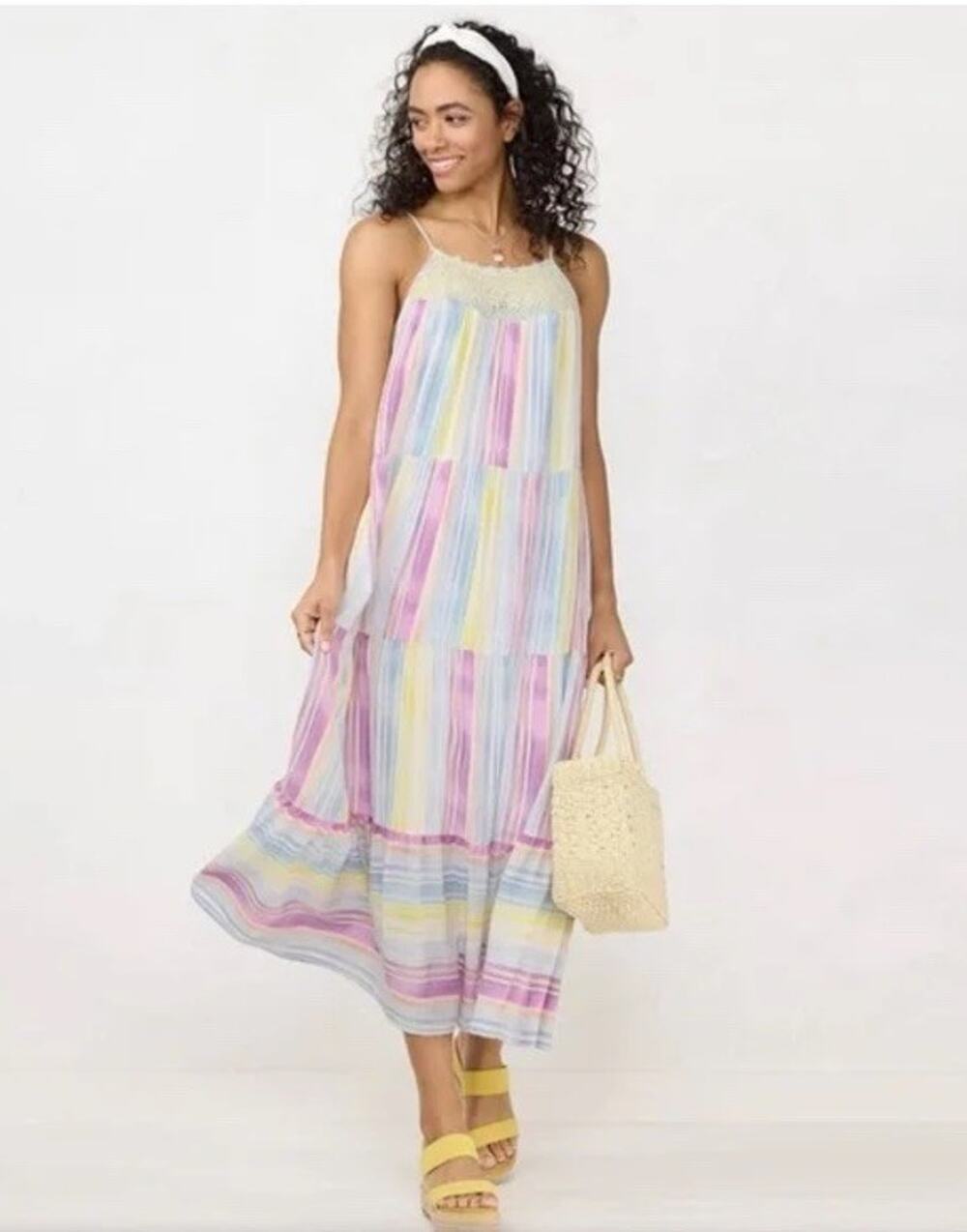 LC Lauren Conrad Crochet-Yoke Tiered Maxi Dress Summer Beach Boho Large
